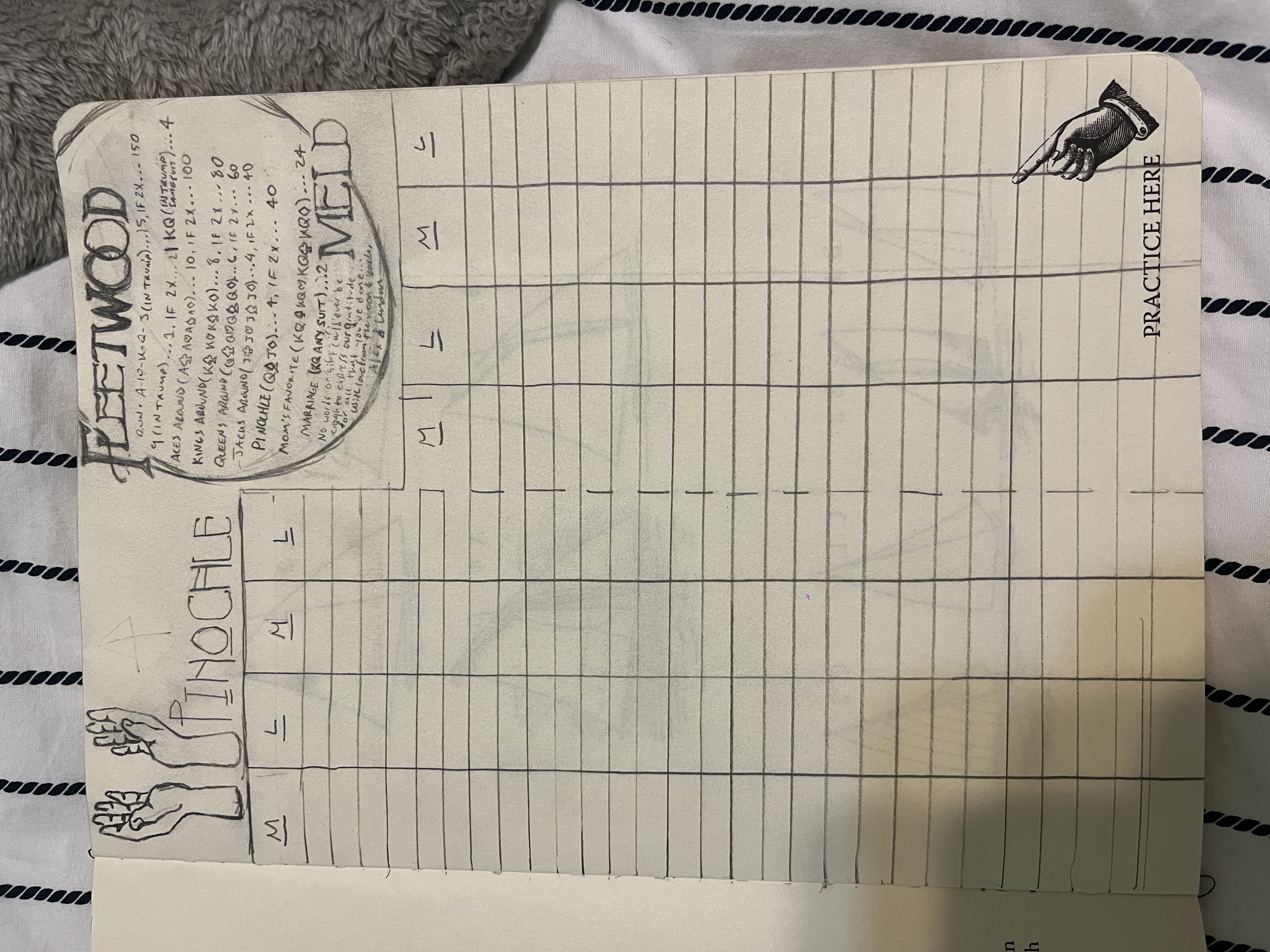 Pinochle score sheet — rough draft