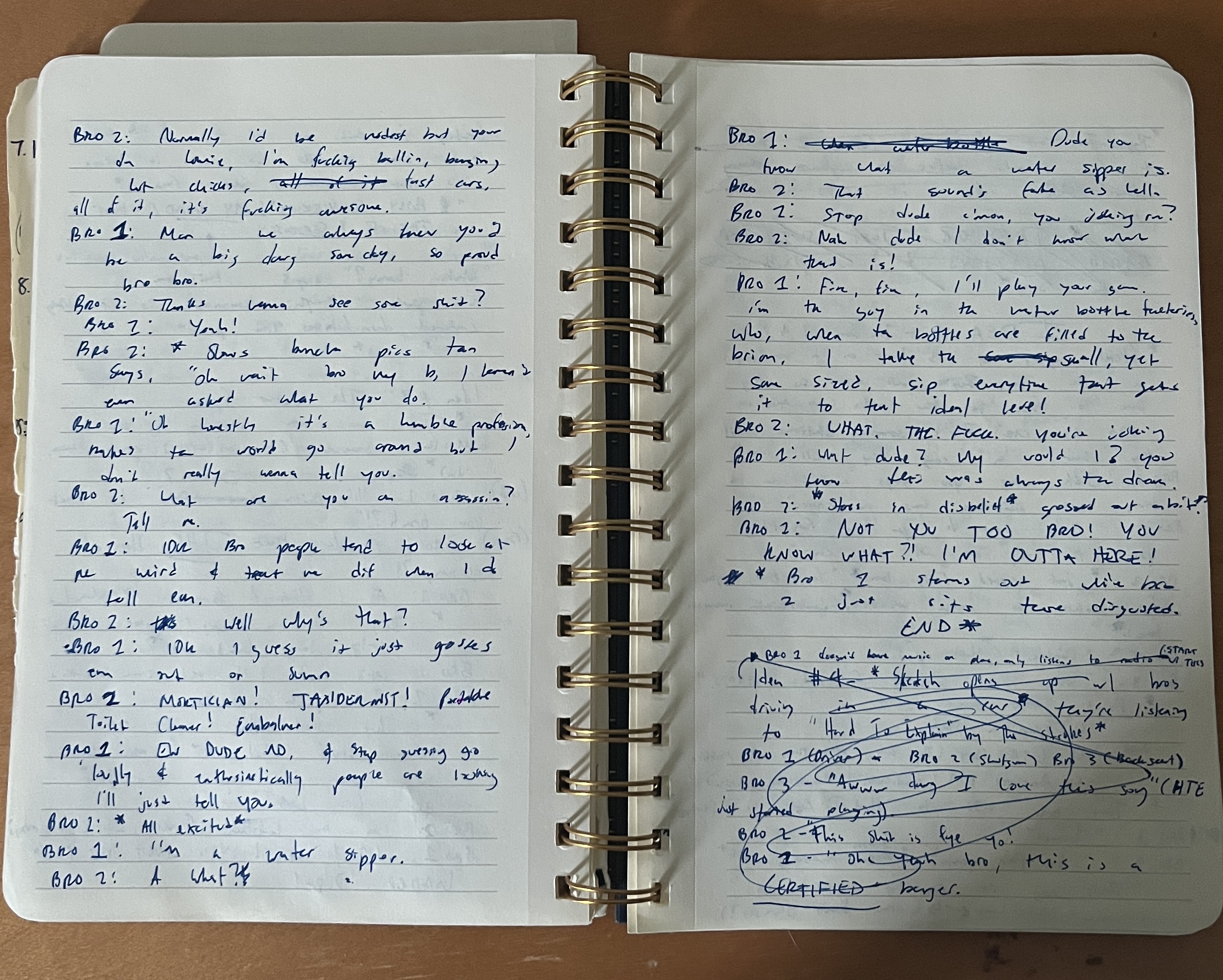 Comedy notebook page — bro dialogue draft