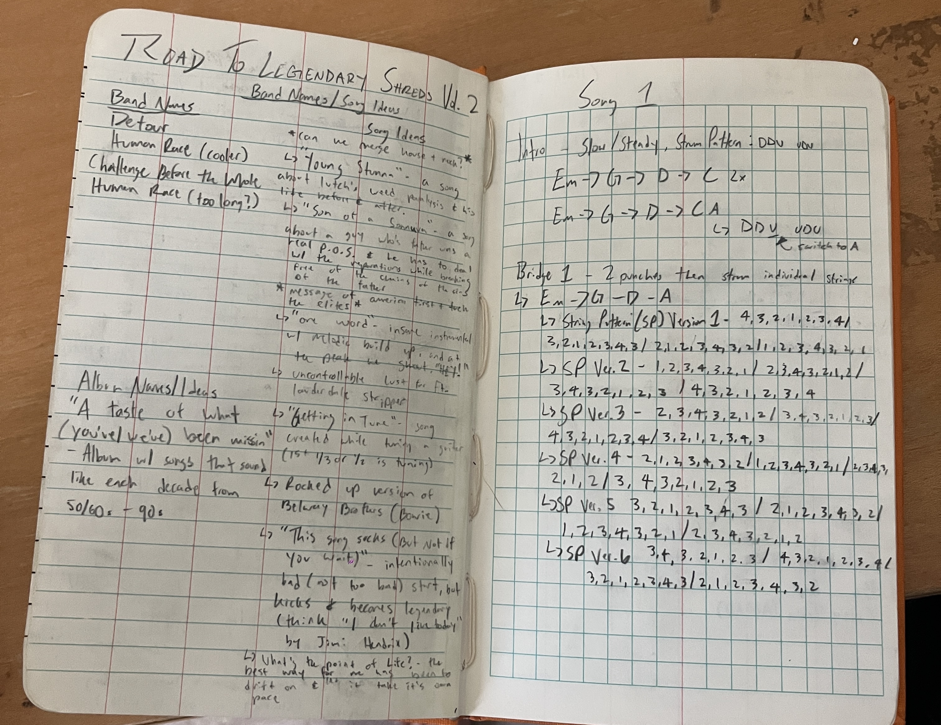 Songwriting notebook spread — band names and song ideas